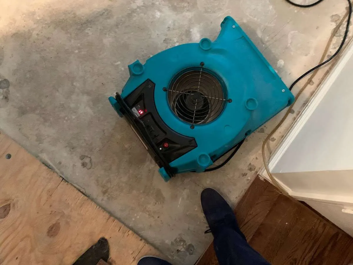 Air mover drying subfloor during Leak Detection & Repair in Concord